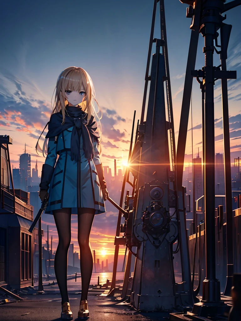 (masterpiece:1.2, Highest quality),(Colored Background) (Beautiful attention to detail: 1.2), (Highly detailed CG Unity 8K wallpapers, masterpiece, Highest quality, Very detailed, Best Shadow), (Detailed Background) ,arms(With a long stick),alone ,1 Robot. Cityscape, building, Skyline, sunset, Silhouette against a cloud background, meditation. Watching the beautiful sunset, sunset時に, sunset時, sunsetとともに, In the sunset, Nice views, Sunset view, With the sunset, sunset時に, During Golden Hour, looking sunset時に, Sunset in the background, Watching the sunset, In the spotlight, holding_gun, assault_rifle, Very detailed, Brown Hair, Long Hair, Anime Style, whole body, alone, Stylish Gunfighter Girl, Holding a steampunk long barrel pistol,Standing in the wasteland, 8K high resolution, White Background, The background is a dark and desolate landscape, Horror movie atmosphere. Her figure is very beautiful, Emphasizing the dark and crazy elements. Skillfully expressing the effects of light and shadow,