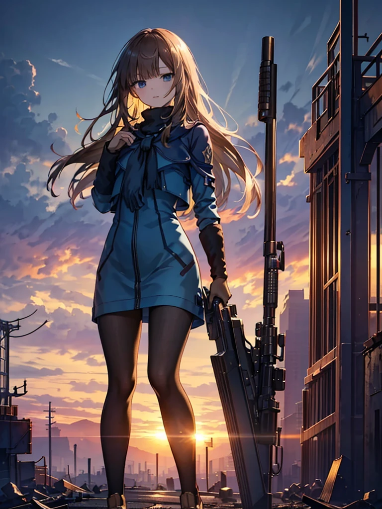 (masterpiece:1.2, Highest quality),(Colored Background) (Beautiful attention to detail: 1.2), (Highly detailed CG Unity 8K wallpapers, masterpiece, Highest quality, Very detailed, Best Shadow), (Detailed Background) ,arms(With a long stick),alone ,1 Robot. Cityscape, building, Skyline, sunset, Silhouette against a cloud background, meditation. Watching the beautiful sunset, sunset時に, sunset時, sunsetとともに, In the sunset, Nice views, Sunset view, With the sunset, sunset時に, During Golden Hour, looking sunset時に, Sunset in the background, Watching the sunset, In the spotlight, holding_gun, assault_rifle, Very detailed, Brown Hair, Long Hair, Anime Style, whole body, alone, Stylish Gunfighter Girl, Holding a steampunk long barrel pistol,Standing in the wasteland, 8K high resolution, White Background, The background is a dark and desolate landscape, Horror movie atmosphere. Her figure is very beautiful, Emphasizing the dark and crazy elements. Skillfully expressing the effects of light and shadow,