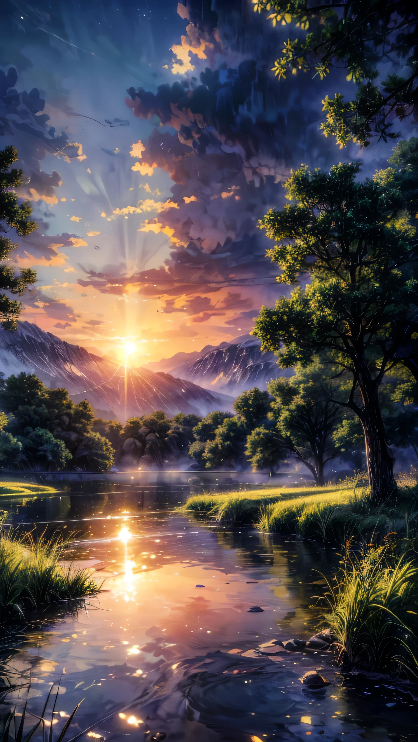 Create an image of an extremely serene and calming landscape that evokes a sense of peace and tranquility. Imagine a vast, ethereal meadow bathed in the soft glow of a setting sun, with gentle golden light filtering through tall, swaying grasses. In the background, there are distant, mist-covered mountains with a tranquil lake reflecting the soft pink and orange hues of the sky. Add delicate wildflowers scattered across the meadow, with a gentle breeze causing them to sway ever so slightly. The atmosphere should feel warm and welcoming, with a sense of endless space and freedom, inviting the viewer to take a deep breath and let go of all worries. The sky is adorned with pastel clouds, slowly drifting, while a few birds glide effortlessly through the air. The overall color palette should be soft and muted, with harmonious tones that create a dreamlike, peaceful ambiance.
