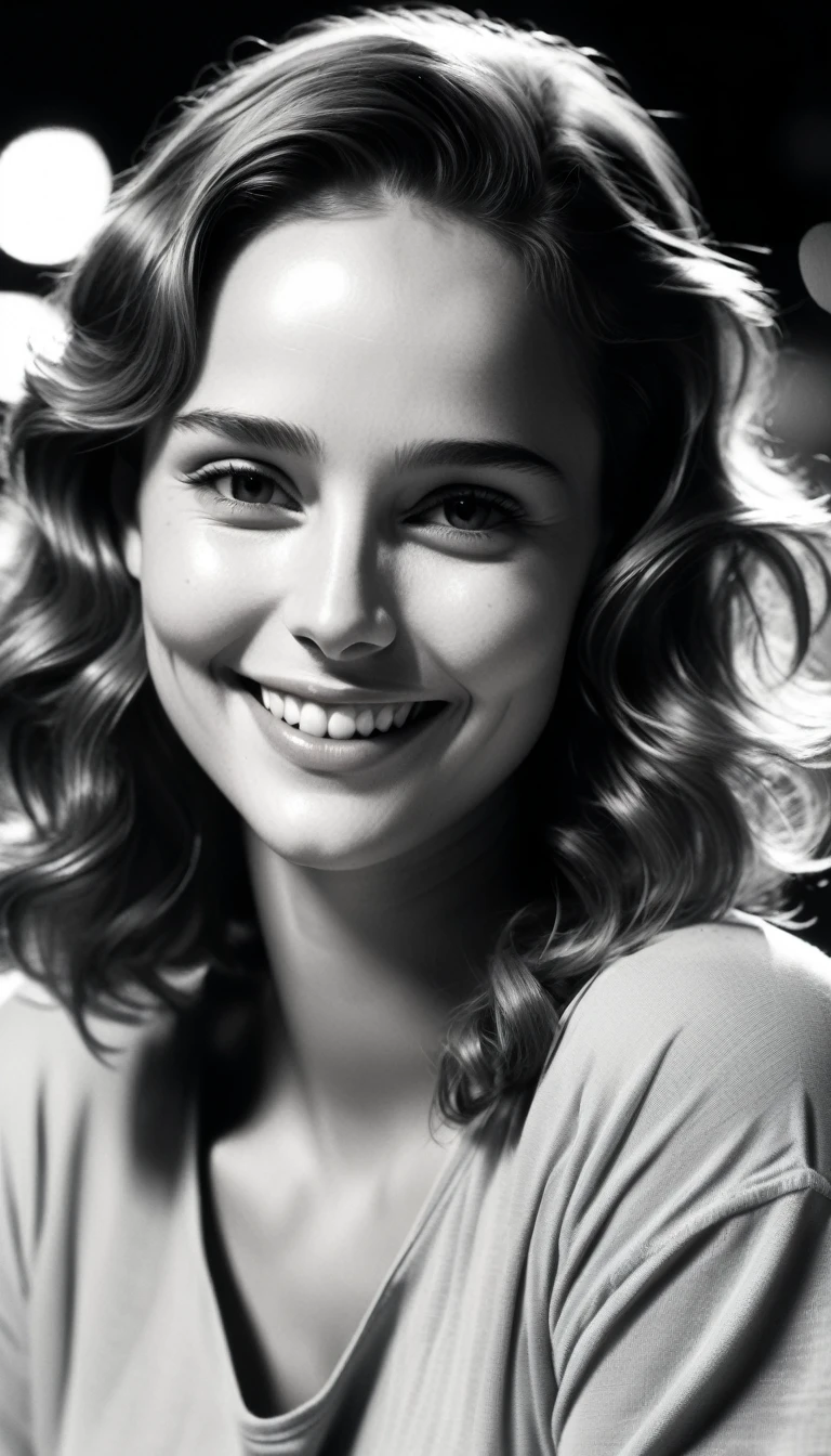 80's footage,low resolution image, Professional photograpy, documentary black and white Photo style , Natalie Portman smiling,35mm photograph, film grain,skin pores, eyes catchlights,braless, oversize t-shirt 