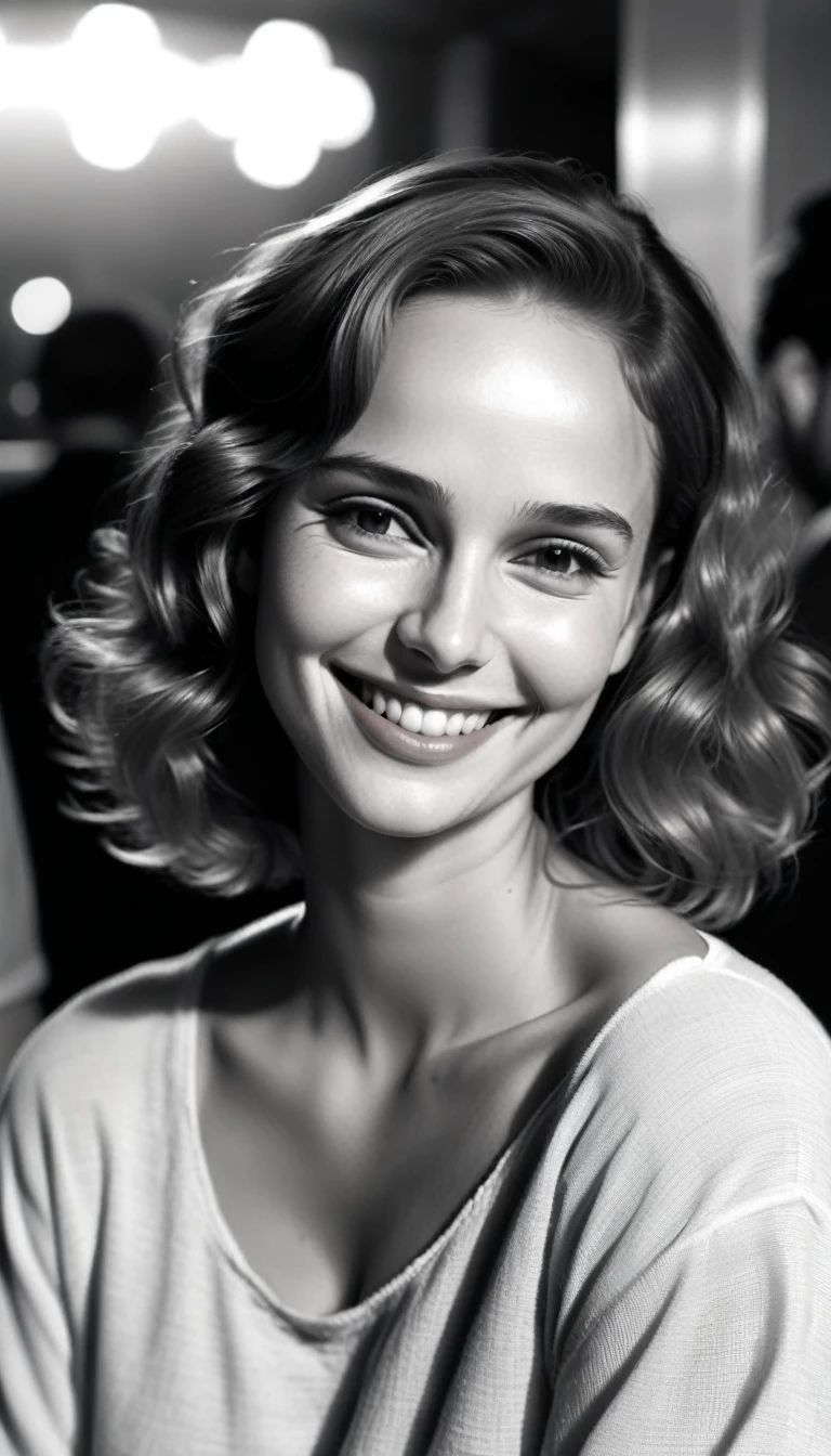 80's footage,low resolution image, Professional photograpy, documentary black and white Photo style , Natalie Portman smiling,35mm photograph, film grain,skin pores, eyes catchlights,braless, oversize t-shirt 