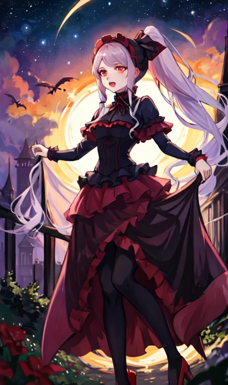 Shalltear Bloodfallen, Shalltear Costume, 1 girl, masterpiece, highest quality, ponytail, outdoor, night, starry sky, vampire, gothic, full body, closed mouth