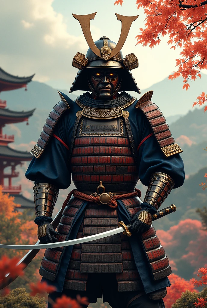 Un samurai qui porte un masque qui couvre sa bouche, qui porte une armure de samurai