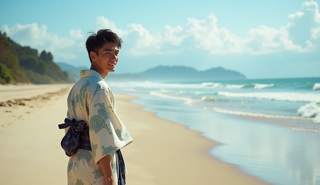 (best quality, masterpiece, ultra detailed, ultra high res, photorealistic, raw photo, absurdres, absolutely resolution), A man wearing a kimono at the beach in the daytime turns to the side and smiles at me