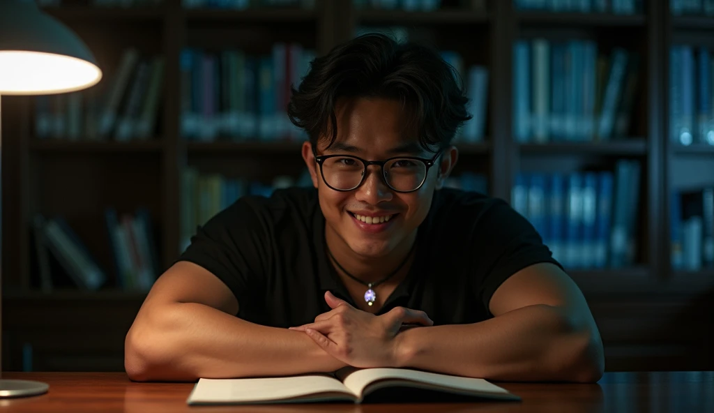 nsfw, best quality, masterpiece, extremely detailed, masculine, sexy, homoerotic, 25 year old bruneian malay man, wearing glasses, round face with chubby cheeks, athletic muscular build, cheeky smile, fitted clothes, glowing quartz crystal pendant, bends forward and leaning elbows on a table, in library, side view, afterhours, lights off, at midnight, cinematic shadows, dreamy atmosphere, perfect face, perfect hands, perfection
