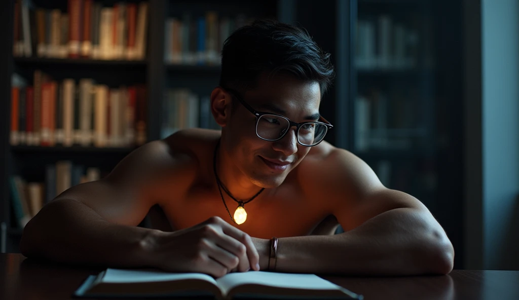 nsfw, best quality, masterpiece, extremely detailed, masculine, sexy, homoerotic, 25 year old bruneian malay man, wearing glasses, round face with chubby cheeks, athletic muscular build, cheeky smile, fitted clothes, glowing quartz crystal pendant, bends forward and leaning elbows on a table, in library, side view, afterhours, lights off, at midnight, cinematic shadows, dreamy atmosphere, perfect face, perfect hands, perfection