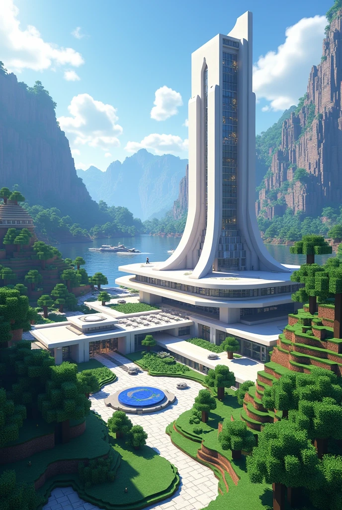 A design of a village in the video game Minecraft, It has to have a modern, futuristic but organized style.