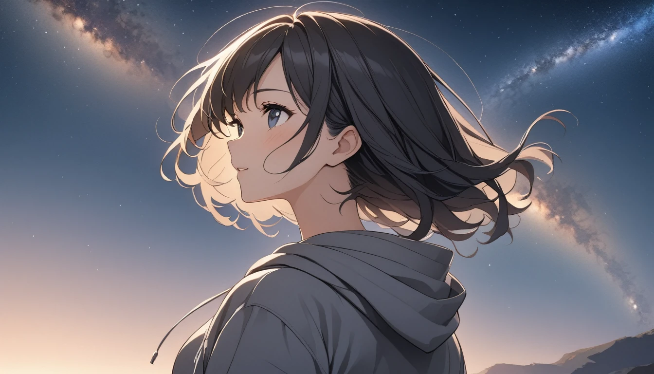 Starry Sky、milky way、One woman、Black Hair、Short Hair、Hair blowing in the wind、Braided hairstyle、Wearing a hoodie、Back view、Upper Body、Low - Angle