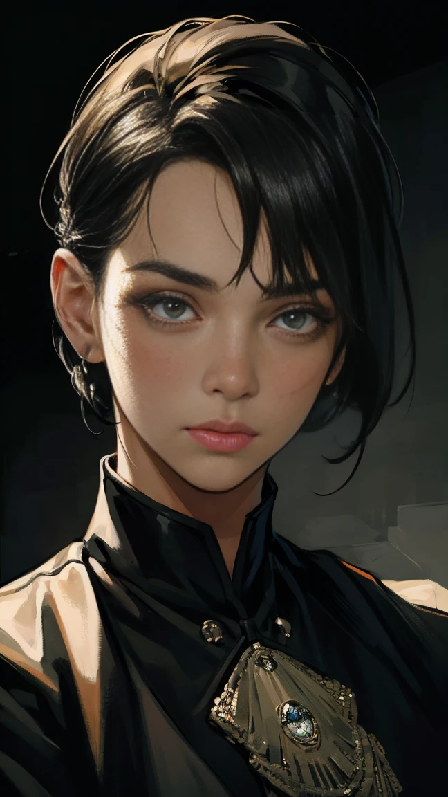 beautiful detailed eyes, beautiful detailed lips, extremely detailed eyes and face, long eyelashes, 1 woman, military woman, black short hair, black eyes, black clothes, camouflage, coat, indifferent facial expression, doctor, best quality, 4k, 8k, highres, masterpiece:1.2, ultra-detailed, realistic, photorealistic, photo-realistic:1.37, HDR, studio lighting, ultra-fine painting, sharp focus, physically-based rendering, extreme detail description, professional, vivid colors, portraits