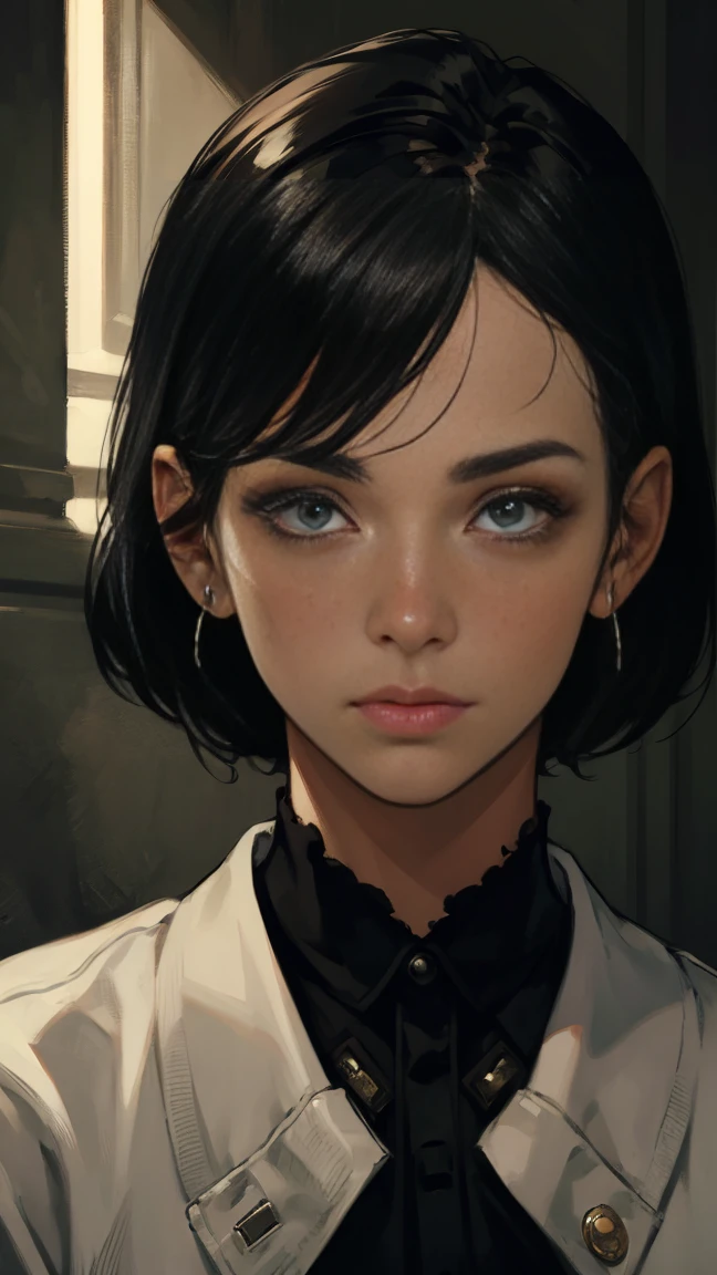 beautiful detailed eyes, beautiful detailed lips, extremely detailed eyes and face, long eyelashes, 1 woman, military woman, black short hair, black eyes, black clothes, camouflage, coat, indifferent facial expression, doctor, best quality, 4k, 8k, highres, masterpiece:1.2, ultra-detailed, realistic, photorealistic, photo-realistic:1.37, HDR, studio lighting, ultra-fine painting, sharp focus, physically-based rendering, extreme detail description, professional, vivid colors, portraits