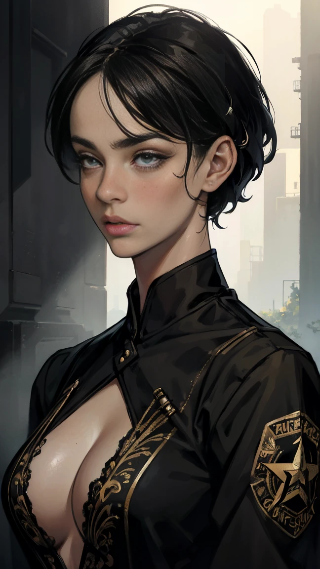 beautiful detailed eyes, beautiful detailed lips, extremely detailed eyes and face, long eyelashes, 1 woman, military woman, black short hair, black eyes, black clothes, camouflage, coat, indifferent facial expression, doctor, best quality, 4k, 8k, highres, masterpiece:1.2, ultra-detailed, realistic, photorealistic, photo-realistic:1.37, HDR, studio lighting, ultra-fine painting, sharp focus, physically-based rendering, extreme detail description, professional, vivid colors, portraits