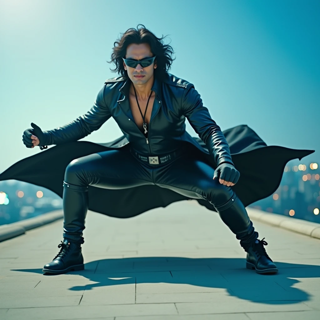 Krrish, the Indian superhero, is captured in a powerful superhero landing pose on a rooftop at night. He has one knee and one fist touching the ground, his head slightly bowed, with his long black coat billowing behind him. His black, form-fitting costume is sleek and modern, with sharp, angular lines, and his signature black mask covers his eyes, giving him a mysterious appearance. The image focuses on the details of his costume—the leather-like texture, metallic accents, and the way his coat flows in the wind. The background is dark, with city lights in the distance, but the focus remains on Krrish and his striking costume, illuminated by a soft, dramatic