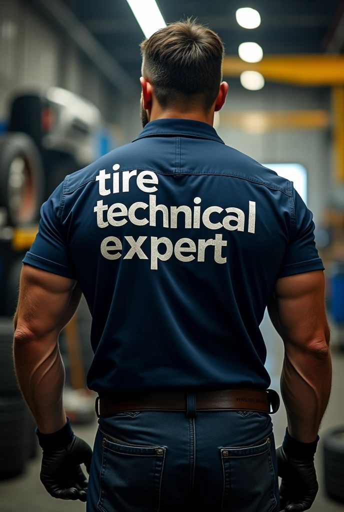 A company logo that reads "tire technical expert" on the back of a strong male worker's uniform