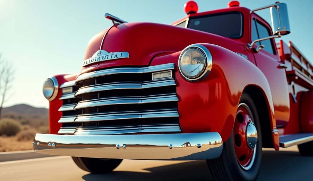 Hello, can you help me create a macro close-up photo of a 50's fire truck, on a very sunny day, highlighting its chrome parts, photorealistic, UHD, 16K, thanks