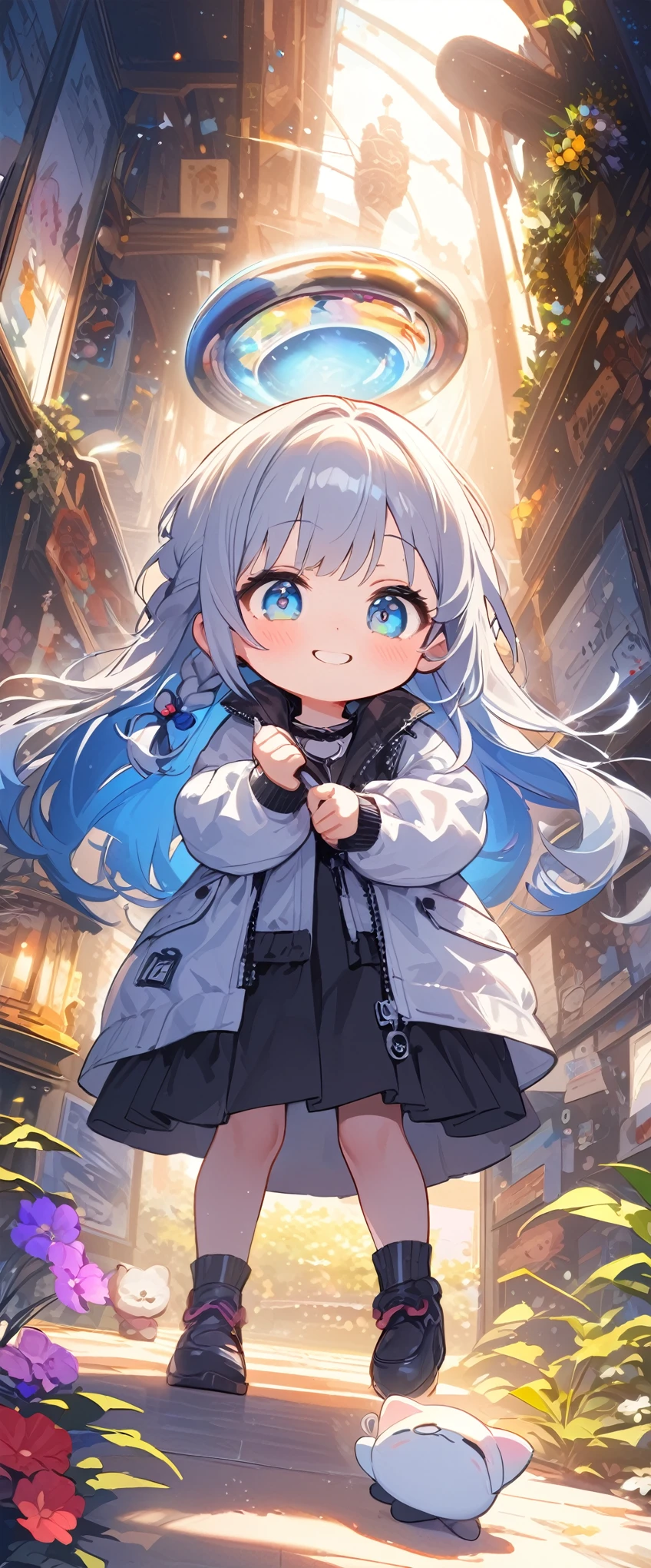 quality\(masterpiece, best quality,8k,wallpaper of extremely detailed CG unit,hight resolution,top-quality,top-quality real texture skin,hyper realisitic,increase the resolution,RAW photos,best qualtiy,highly detailed,the wallpaper\), BREAK ,1girl\(chibi,super cute, adorable, kawaii,,5 years oldg smile,cute smile,wearing jacket\(leather\(very detailed\),(black:1.3),(((very big))),too big,smooth, shiny\),weaing only jacket,full body,big eyes,cosmic eyes,long hair\(cosmic hair,braid hair,\)\), BREAK ,background\(at fashion studio,flowers\((black:1.3),many kinds of flowers,beautiful\),best lighting,\),flom below,dynamic angle