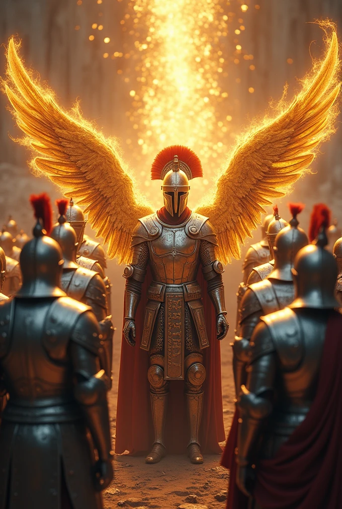 (12 knights) ( with silver armor of warriors and writings in Aramaic) ( only one of them ) (with a red Spartan helmet ) ( With golden wings and golden aura of fire)