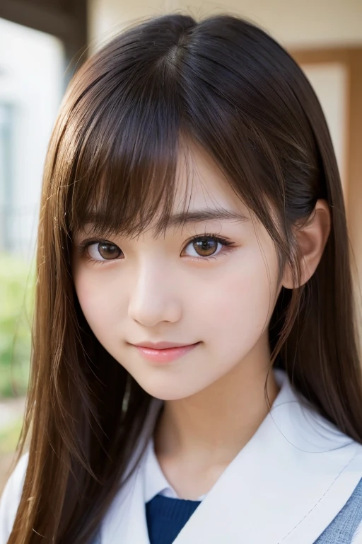 Highest quality, Face Focus, Soft Light, Ultra-high resolution, (Realistic:1.4), RAW Photos, 1 Japanese girl, alone, cute, (pupil, Light in your eyes), Beautiful face in every detail, (Small box),(High resolution detail of human skin texture), (Long Hair), indoor, High School Uniform, (Portraiture),smile