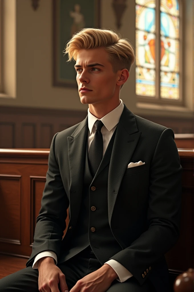 Rich young man, sitting at catholic mass, blonde hair