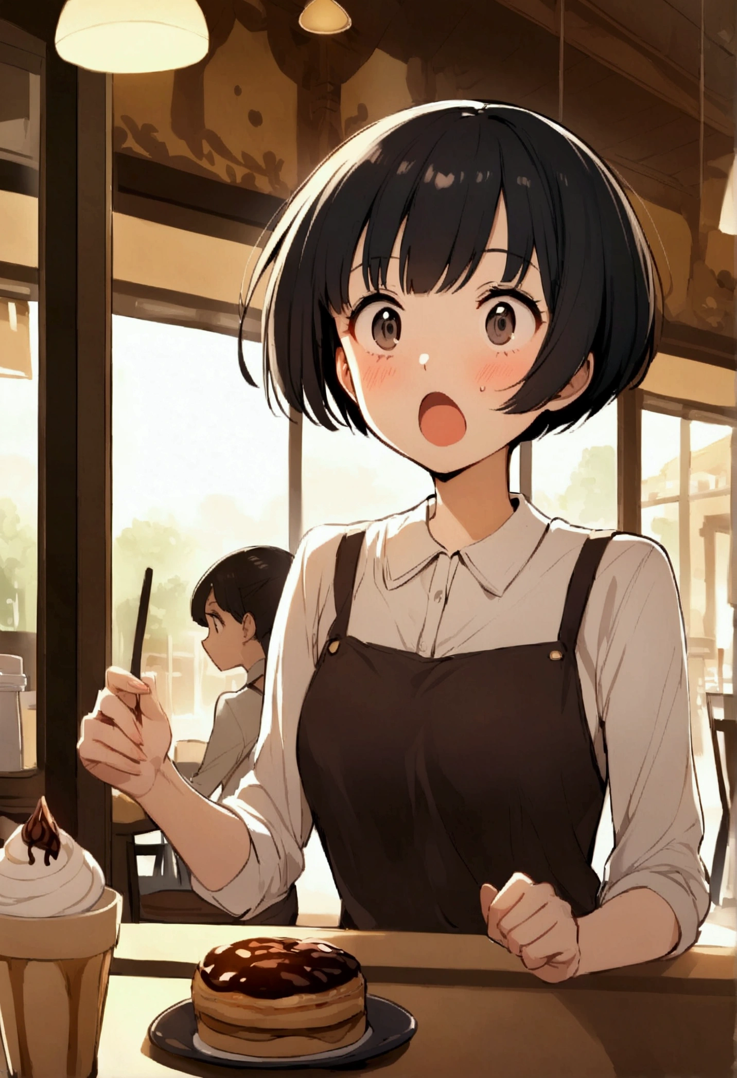 slender,a young girl,pixie cut,black hair,Cafe,from front,surprised
