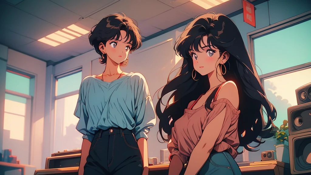 90s city pop vibes。With just a short-sleeved T-shirt、Casual clothing。Highest quality。A beautiful woman with long, straight brown hair。The subject is standing alone.。Dynamic Angle。In a room lined with records。Listening to music through headphones。