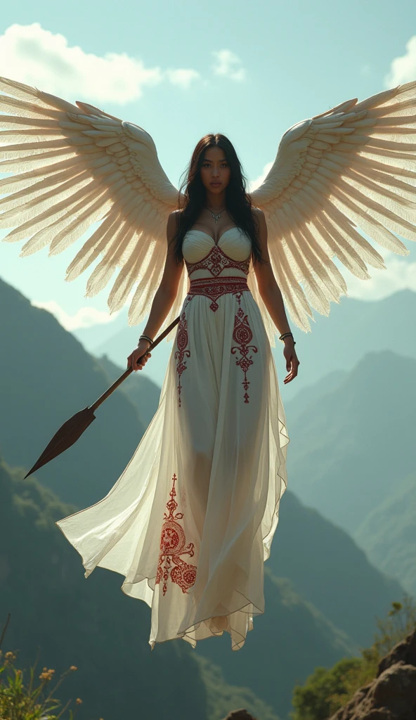 Sci-fi fantasy, cenematic, Naked, nude, topless, A woman wearing a ransparent shawl made of used plastic, large and sexy breasts, super sexy, beautiful, with wings like Indonesian garuda, holding a spear, wearing a very long white skirt with pattern red and white colour with red and white motifs, above the sky, flying on top of mountains, hovering, with a shooting angle from the front, very realistic, (complex detail: 0.9), (hdr, hyperdetail: 1.2), RAW, Sony Alpha a9 II, 24-105mm f/4, HDR, indonesian woman