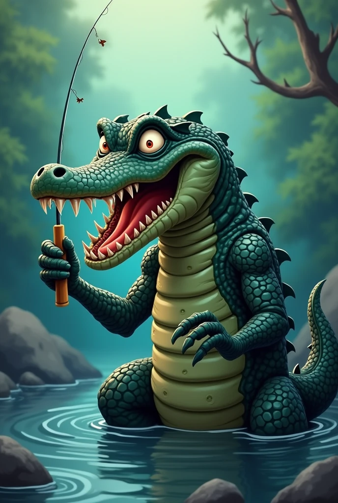 Crocodile cartoon, black, fierce, cruel, fishing, cool, fish 