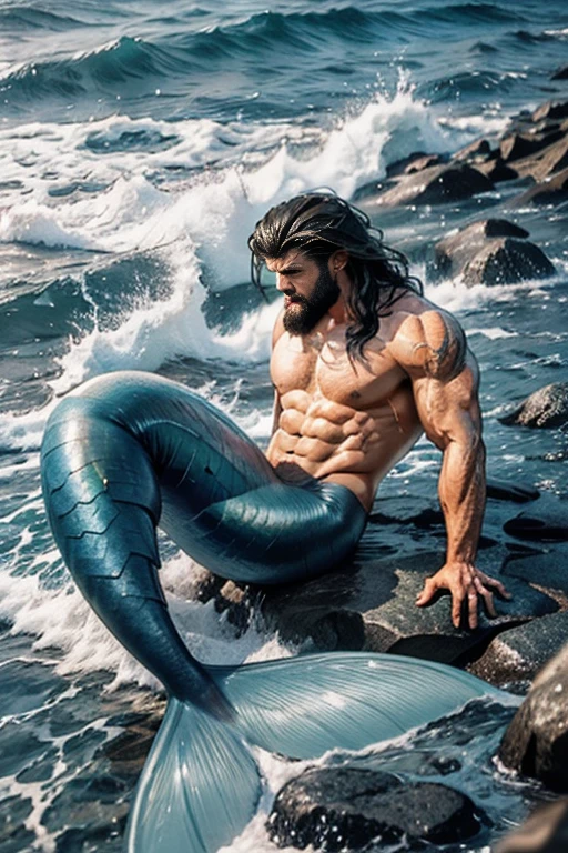 muscle male mermaid, merman, muscles, male bodybuilder, blue mermaid tails, black long beard, black long hair, laying on rock, lie, water magic, water, high water wave, water twister, rocks, wallpaper