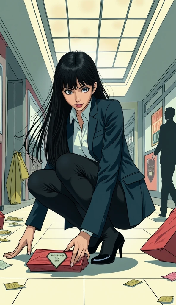 ((A woman with long hair)),In the mall,Shopping,Black straight hair,Ladies suits,((Cold expression)),Japanese comic style,Squatting on the ground to pick up the handbag that fell on the ground,散落的Shopping袋