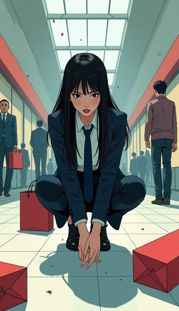 ((A woman with long hair))，In the mall，Shopping，Black straight hair，Ladies suits，((Cold expression))，Japanese comic style，Squatting on the ground to pick up the handbag that fell on the ground，散落的Shopping袋