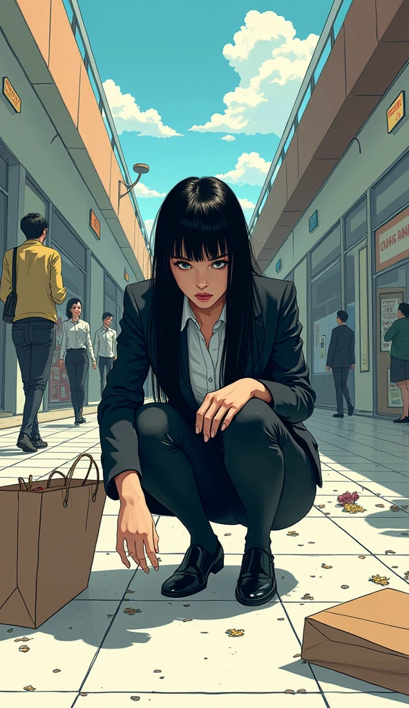 ((A woman with long hair)),In the mall,Shopping,Black straight hair,Ladies suits,((Cold expression)),Japanese comic style,Squatting on the ground to pick up the handbag that fell on the ground,散落的Shopping袋
