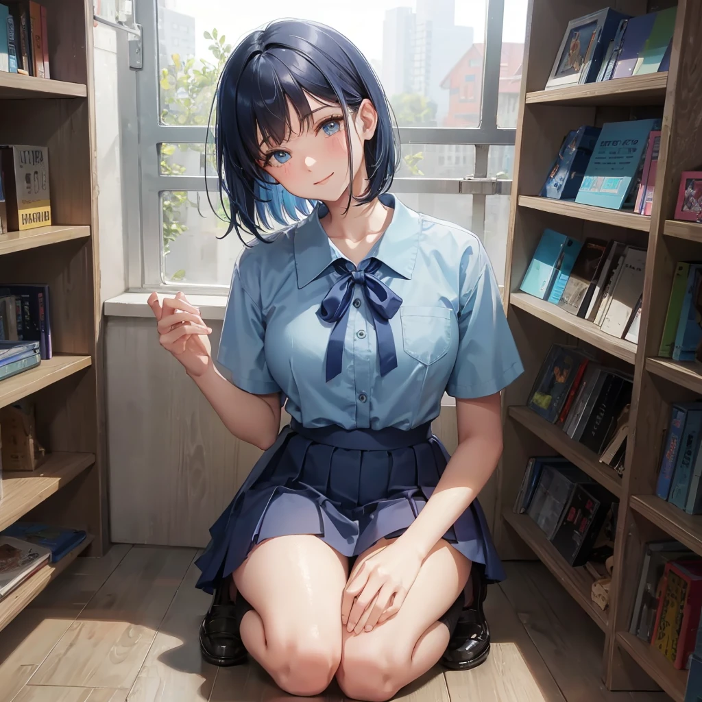 1. High school girl　17-year-old female　Bobcut　dark blue hair color　High School Uniform　Light blue Y-shirt　Short sleeve　Blue Ribbon　dark blue hair color　Slim figure　Large Breasts　Full body portrait　School library　Smiling Kindly　Laugh a little　library　Hand Signs　squat　Kneel　Look up here　