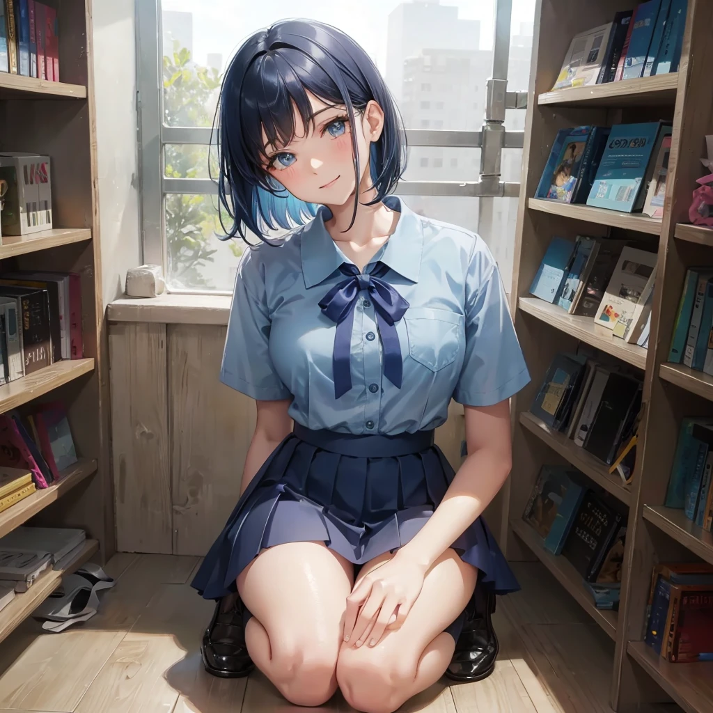 1. High school girl 17-year-old female Bobcut dark blue hair color High School Uniform Light blue Y-shirt Short sleeve Blue Ribbon dark blue hair color Slim figure Large Breasts Full body portrait School library Smiling Kindly Laugh a little library Hand Signs squat Kneel Look up here