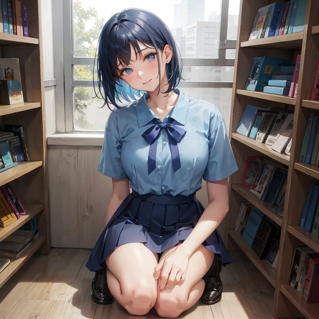 1. High school girl　-yeld fee　Bobcut　dark blue hair color　High School Uniform　Light blue Y-shirt　Short sleeve　Blue Ribbon　dark blue hair color　Slim figure　Large Breasts　Full body portrait　School library　Smiling Kindly　Laugh a little　library　Hand Signs　squat　Kneel　Look up here　