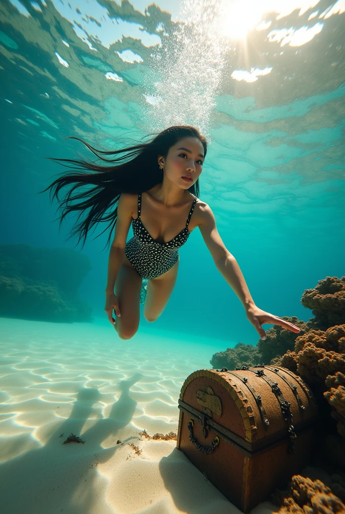 An underwater scene, A sun-kissed beach stretches out to the horizon, with crystal-clear waters lapping gently against the shore. The warm light of day breaks through the surface, casting a shimmering glow on the sandy bottom. In the lower right corner of the picture with an abundance of coral is an old and mossy treasure chest lies half-buried in the sands. As the waves caress the shore, a stunning naked Filipina maiden sophisticatedly swims into frame, a spanish galleon visible from below, her long black hair flowing like seaweed behind her. Her eyes sparkle with excitement as she zeroes in on the treasure, her sleek physique glistening with ocean spray.