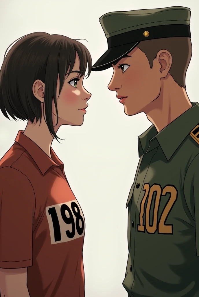 A young woman wearing a shirt with the number 1998 with a soldier wearing a shirt with the number 2002, looking at each other face to face 