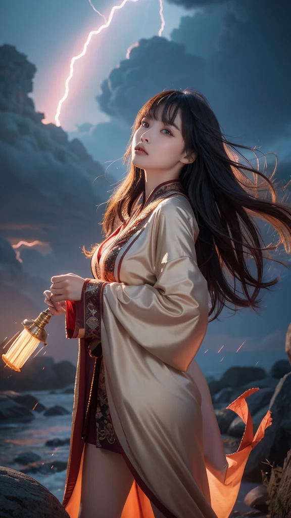 a stunning oriental female mage, sexy, erotic, sensual, long hair with coloured highlights, bangs, wearing sexy mage robes with a clothing cutout, holding a staff aloft in her hand lifted up towards the sky, calling down thunder and lightning from a surreal, stormy sky, with reddish clouds appearing to boil and swirl, spiraling around a black hole. Perfect Composition, realistic photographic image, RAW photo highest quality, viewed from the side