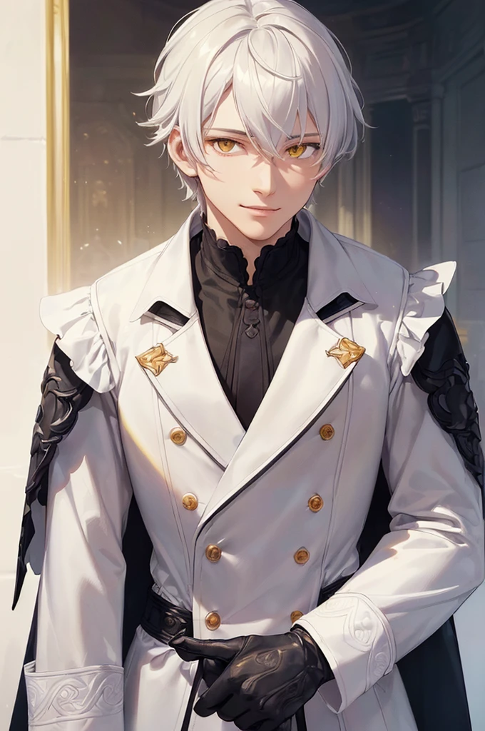 (((masterpiece; best quality: 1.2))), (finely detailed eyes: 1.3), ((1 young man)), ((solo)), (yellow eyes: 1.4), (body shape; lean, masculine, manly: 1.3), (very short white hair: 1.3), (beautiful and clear background: 1.2), ((depth of field)), (equipment: dark-fantasy nobleman attire + white long-sleeve overcoat + black vest + black high-neck shirt + gloves: 1.3), (anime illustration: 1.2), (background composition; palace gardens + day: 1.1), (extremely handsome: 1.1), (shot composition; standing + centered on face + bust close-up: 1.5), (facial expression; calm, smile: 1.2)