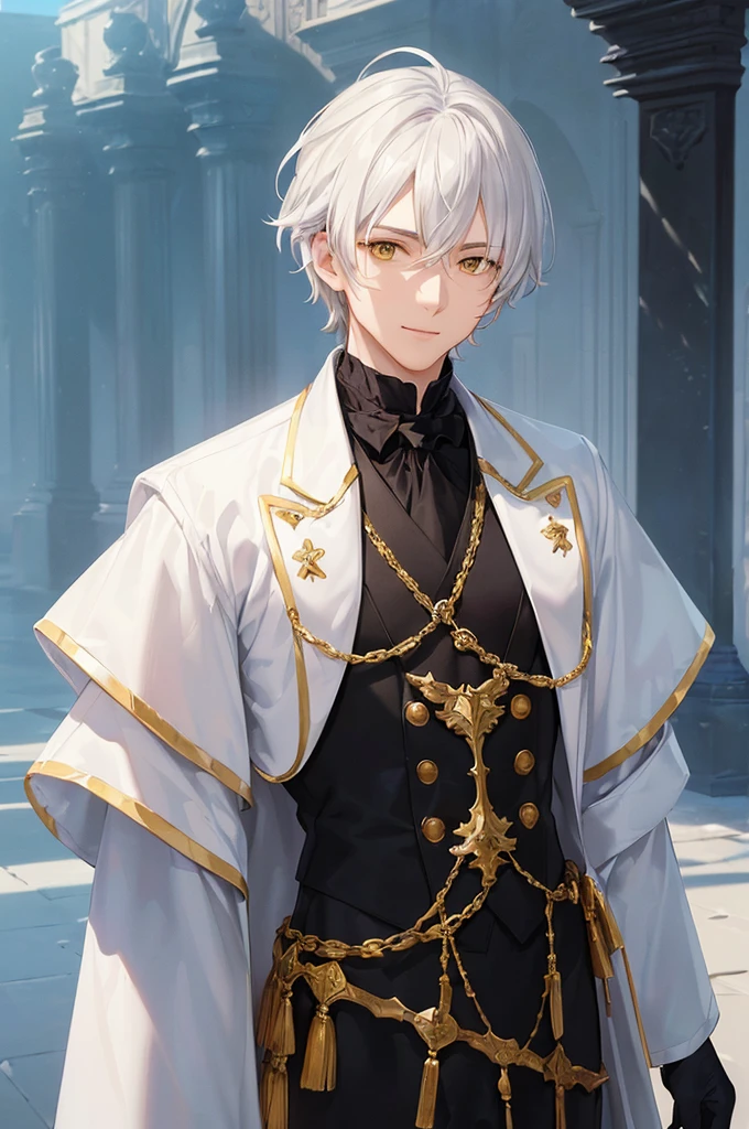 (((masterpiece; best quality: 1.2))), (finely detailed eyes: 1.3), ((ung man)), ((solo)), (yellow eyes: 1.4), (body shape; lean, masculine, manly: 1.3), (very short white hair: 1.3), (beautiful and clear background: 1.2), ((depth of field)), (equipment: dark-fantasy nobleman attire + white long-sleeve overcoat + black vest + black high-neck shirt + gloves: 1.3), (anime illustration: 1.2), (background composition; palace gardens + day: 1.1), (extremely handsome: 1.1), (shot composition; standing + centered on face + bust close-up: 1.5), (facial expression; calm, smile: 1.2)