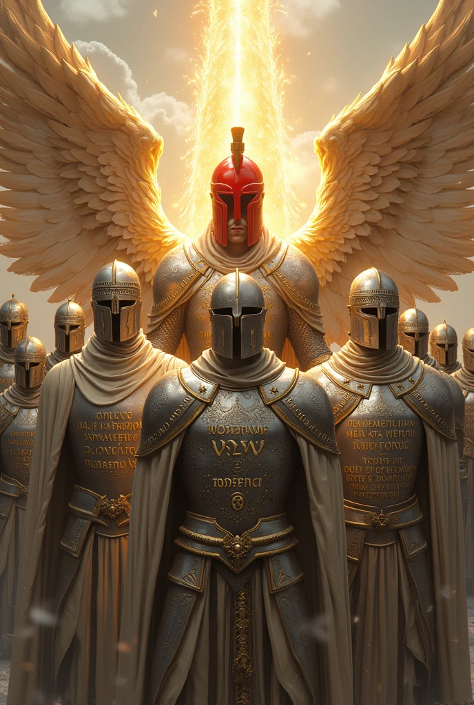 (12 angelic knights) ( with silver armor of warriors and writings in Aramaic) ( only one of them ) (with a red Spartan helmet ) ( With golden wings and golden aura of fire)