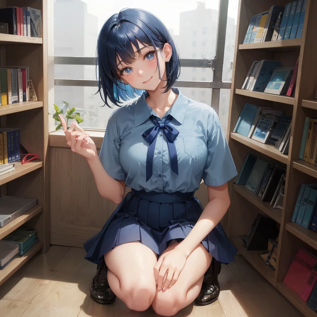 1. High school girl　-yeld fee　Bobcut　dark blue hair color　High School Uniform　Light blue Y-shirt　Short sleeve　Blue Ribbon　dark blue hair color　Slim figure　Large Breasts　Full body portrait　School library　Smiling Kindly　Laugh a little　library　Hand Signs　squat　Kneel　Look up here　