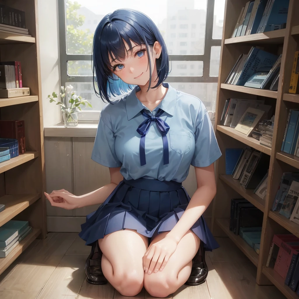 1. High school girl 17-year-old female Bobcut dark blue hair color High School Uniform Light blue Y-shirt Short sleeve Blue Ribbon dark blue hair color Slim figure Large Breasts Full body portrait School library Smiling Kindly Laugh a little library Hand Signs squat Kneel Look up here