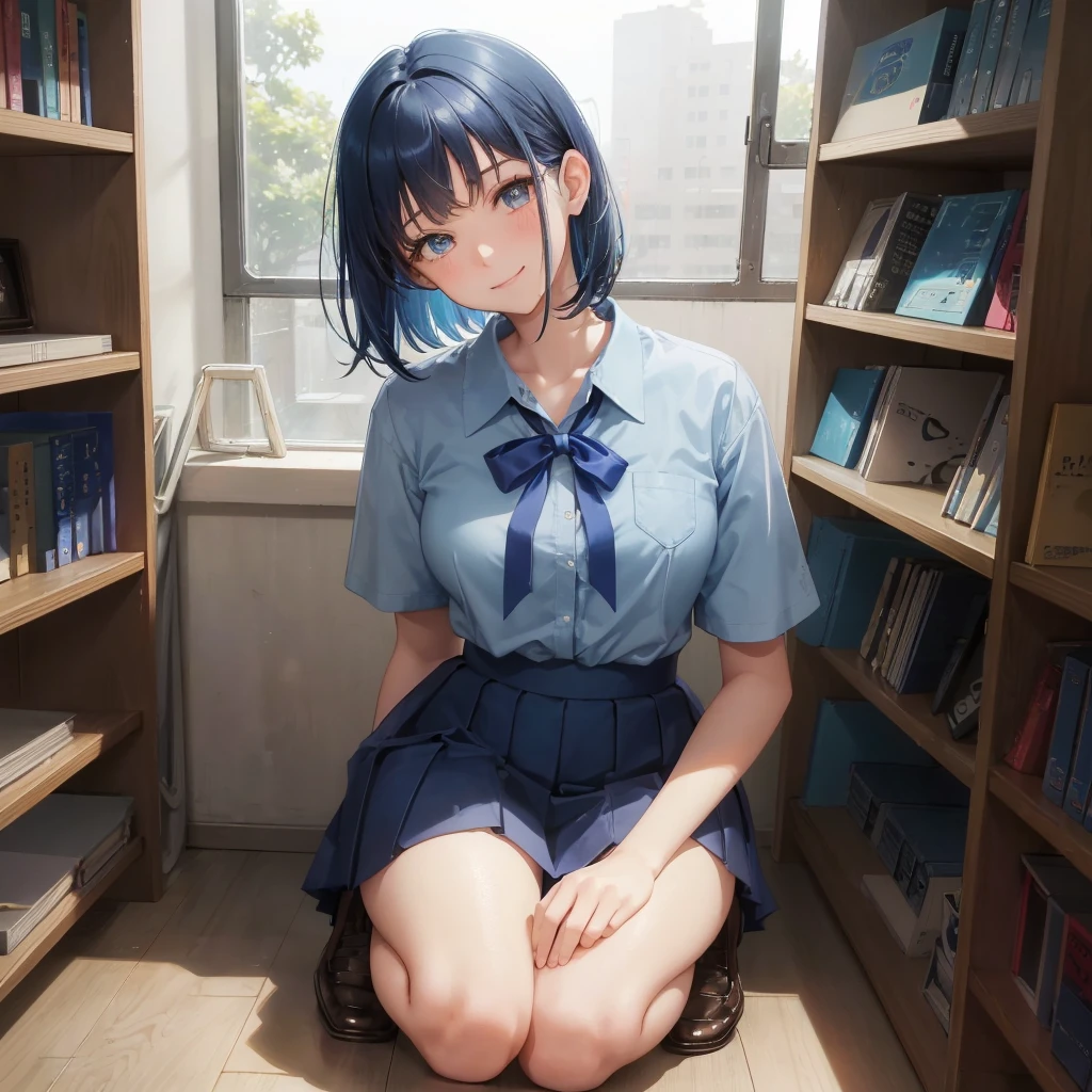 1. High school girl 17-year-old female Bobcut dark blue hair color High School Uniform Light blue Y-shirt Short sleeve Blue Ribbon dark blue hair color Slim figure Large Breasts Full body portrait School library Smiling Kindly Laugh a little library Hand Signs squat Kneel Look up here
