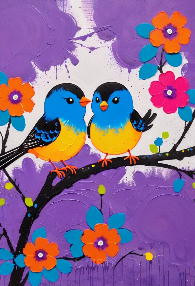 (((Colorful black,Oil stick painting,Volume,Thick coating,Uneven texture,Plaster texture,Children's graffiti))),Painting of two birds sitting on a branch with flowers, Bright colors的鸟, Purple and, cute的, Bright colors,cute, (((High Saturation)))