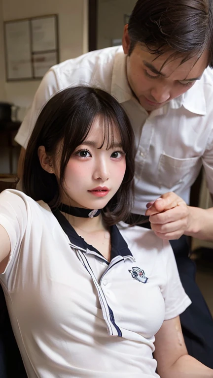 (Masterpiece),  ((Top Quality)),  ((Ultra High Resolution)),  Good Composition,  (Ultra Detail),  Beautiful Art, 19 yo  japanese girl . Full lips. Eyes wide.  ((Very short hair)),  well-trained body, ((sweaty skin)), choker, (wet body) , (((girls' high school uniform))),(((Two-shot photo))) ,(((with men))) , (((There is a man behind))) ,(((The old man touches my shoulder,)))) , (() ,(((with a man)))), Indoor shooting