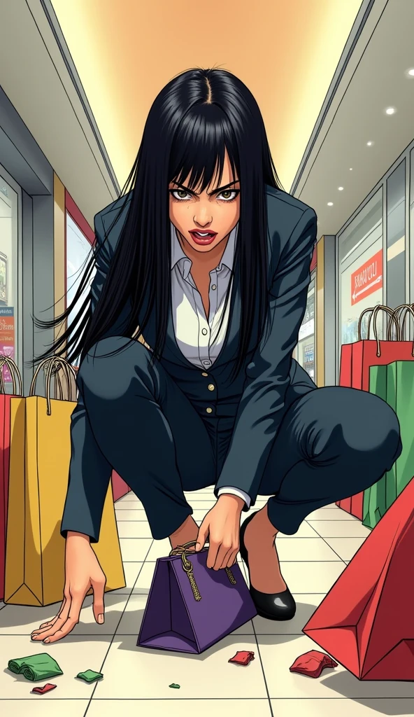 ((A woman with long hair))，In the mall，Shopping，Black straight hair，Ladies suits，((Angry expression))，Japanese comic style，Squatting on the ground to pick up the handbag that fell on the ground，散落的Shopping袋