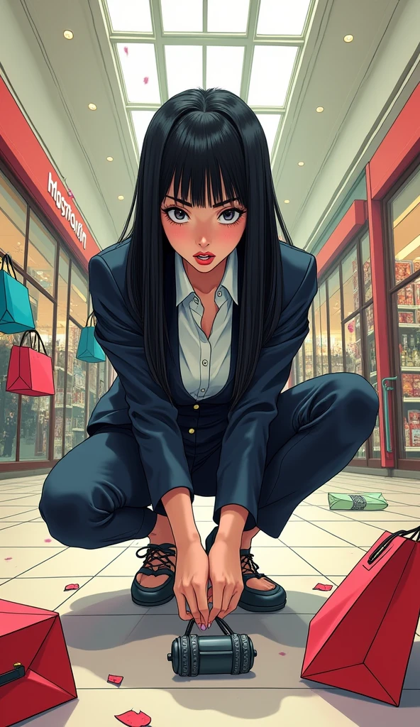 ((A woman with long hair)),In the mall,Shopping,Black straight hair,Ladies suits,((Angry expression)),Japanese comic style,Squatting on the ground to pick up the handbag that fell on the ground,散落的Shopping袋