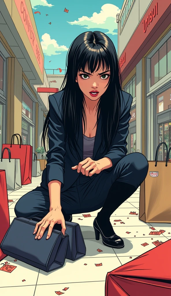 ((A woman with long hair)),In the mall,Shopping,Black straight hair,Ladies suits,((Angry expression)),Japanese comic style,Squatting on the ground to pick up the handbag that fell on the ground,散落的Shopping袋