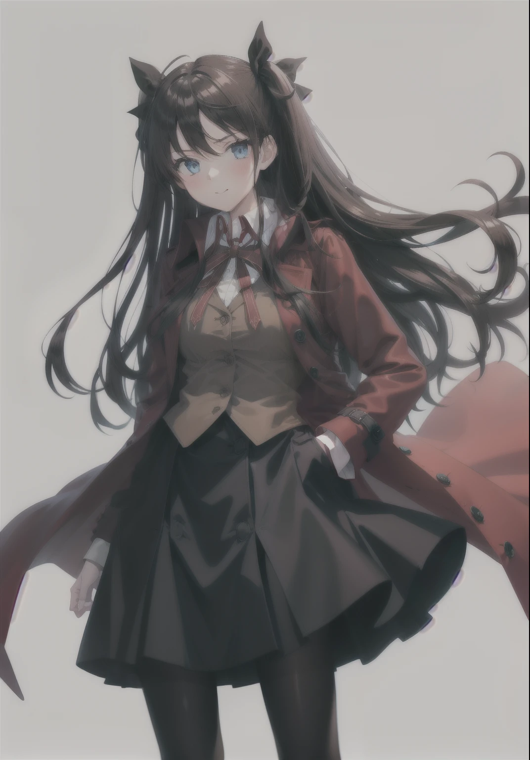 work of art, best qualityer,1 girl, standing alone, long hair, overskirt, (Bblack hair:1.2),pantyhose, Tohsaka Rin, two sides up, chemise, black overskirt, white chemise, homurahara academy schoolar uniform, clothes open, cinta, trench coat, Glow Up, looking ahead at viewer, white background, blue colored eyes, ssmile, red trench coat, brown vest, long sleeves, collared chemise, black pantyhose, schoolar uniform, bangss, Vest, simple background, standing, chestnut hair, cloused mouth, open trench coat,(kbxl:0)
