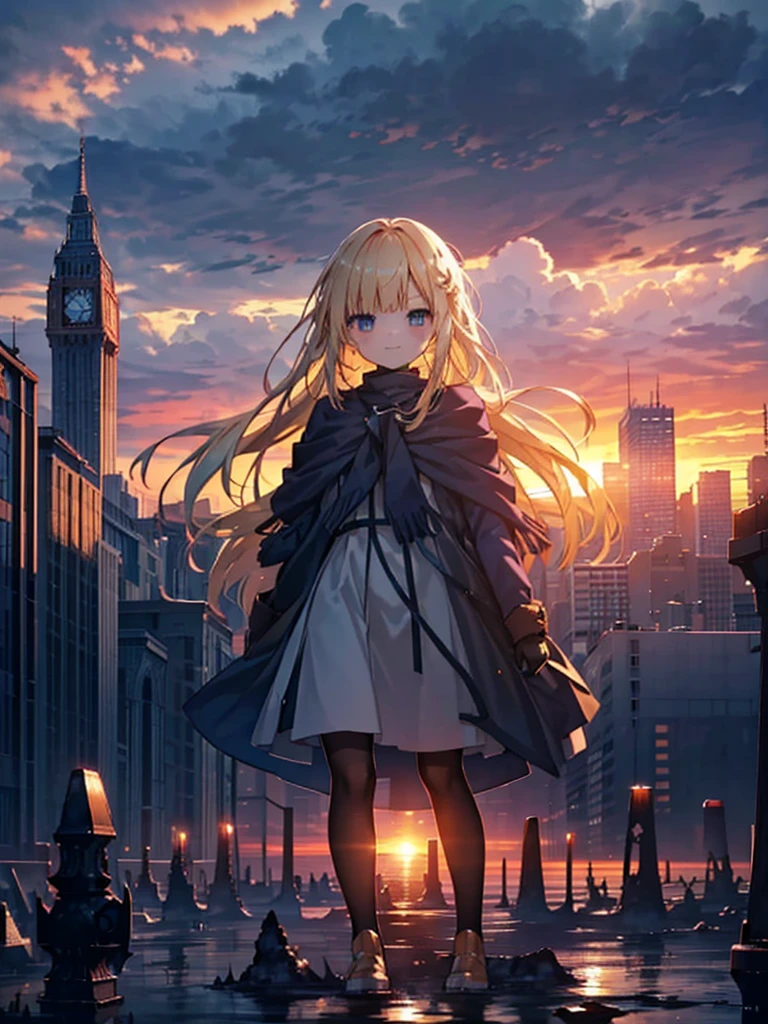 Floating Island in the Sky、, White Background, The background is a dark and desolate landscape, Horror movie atmosphere. Her figure is very beautiful, Emphasizing the dark and crazy elements. Skillfully expressing the effects of light and shadow, Cityscape, building, Skyline, sunset, Silhouette against a cloud background, meditation. Watching the beautiful sunset, sunset時に, sunset時, sunsetとともに, In the sunset, Nice views, Sunset view, With the sunset, sunset時に, During Golden Hour, looking sunset時に, Sunset in the background, Watching the sunset, In the spotlight,