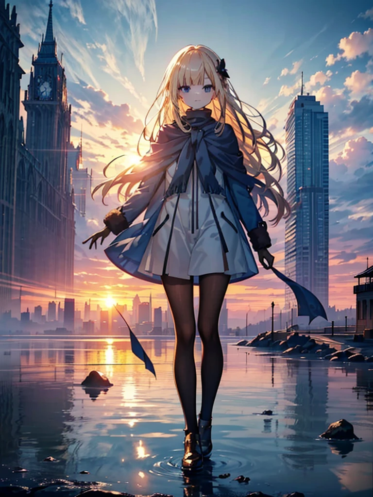 Floating Island in the Sky、, White Background, The background is a dark and desolate landscape, Horror movie atmosphere. Her figure is very beautiful, Emphasizing the dark and crazy elements. Skillfully expressing the effects of light and shadow, Cityscape, building, Skyline, sunset, Silhouette against a cloud background, meditation. Watching the beautiful sunset, sunset時に, sunset時, sunsetとともに, In the sunset, Nice views, Sunset view, With the sunset, sunset時に, During Golden Hour, looking sunset時に, Sunset in the background, Watching the sunset, In the spotlight,